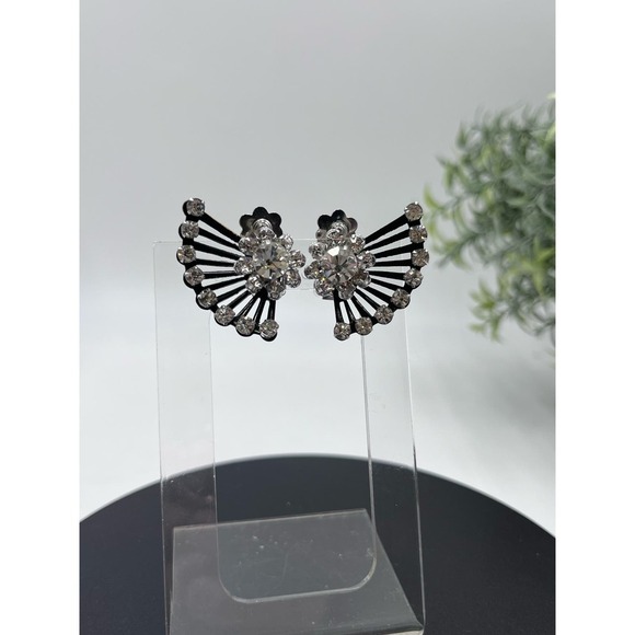 Coro Vintage Signed Rhinestone Clip-On Fan Silver Tone Black Crystal Earrings - Picture 10 of 16